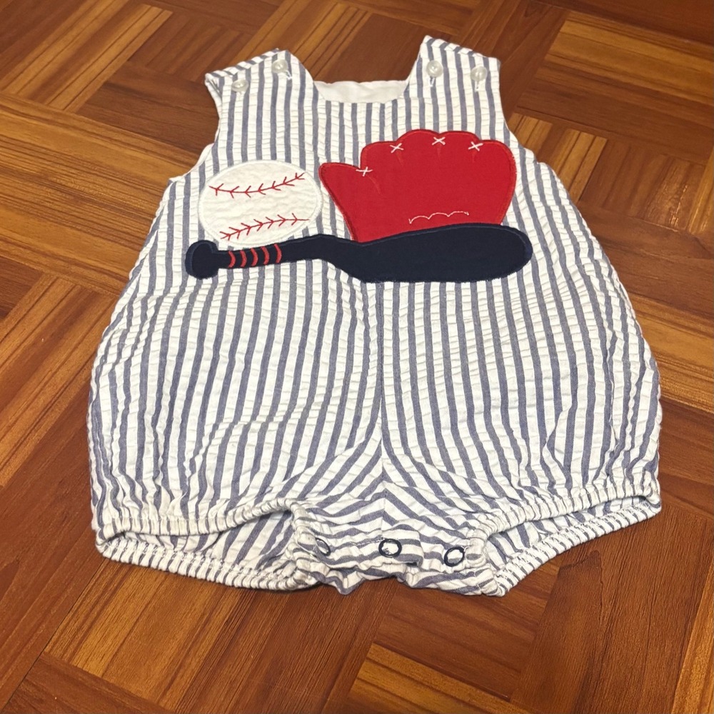 The Bailey Boys Blue Seersucker Baseball Bubble Romper 3M Made in USA Striped